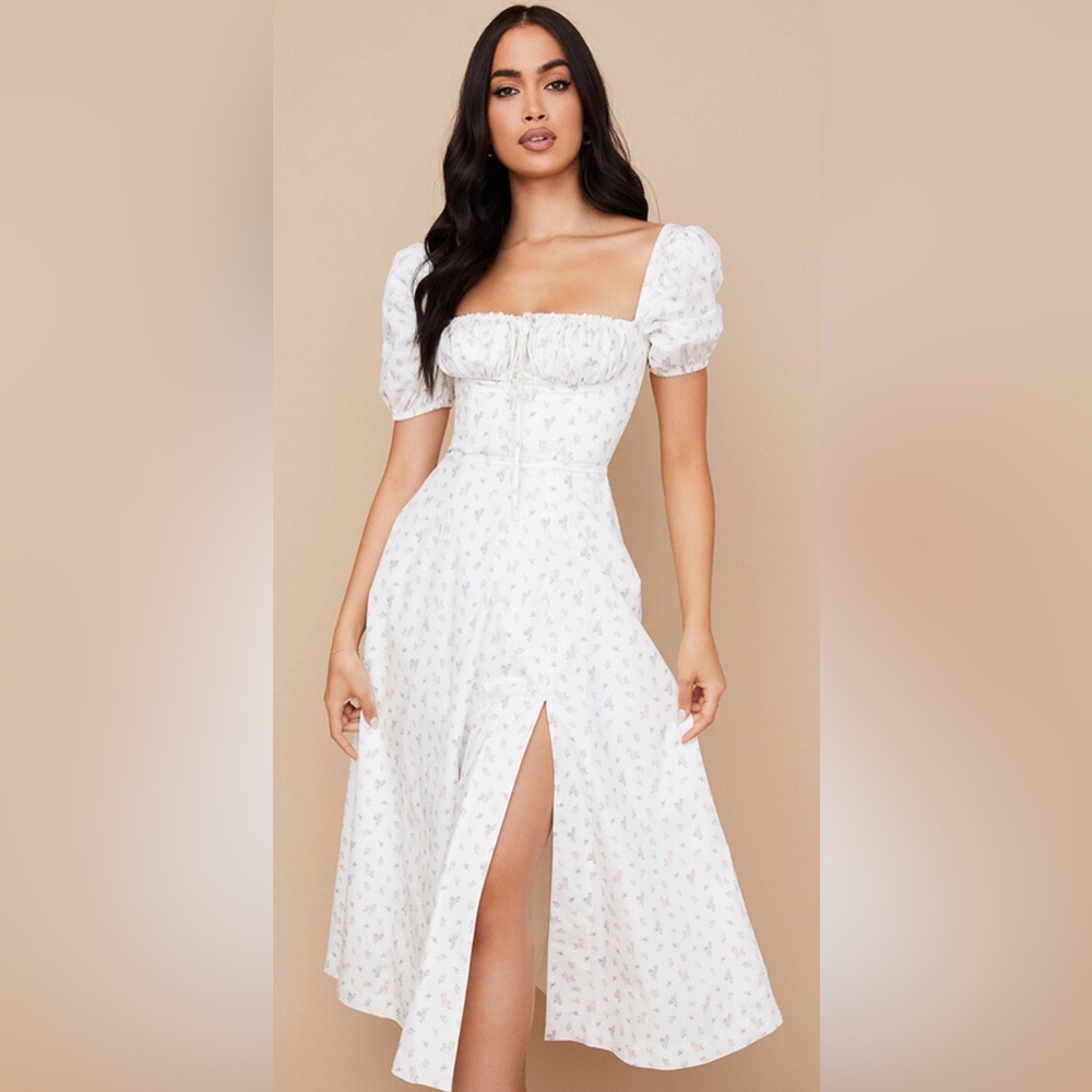 HOUSE OF CB TALLULAH' WHITE FLORAL PUFF SLEEVE MIDI DRESS
